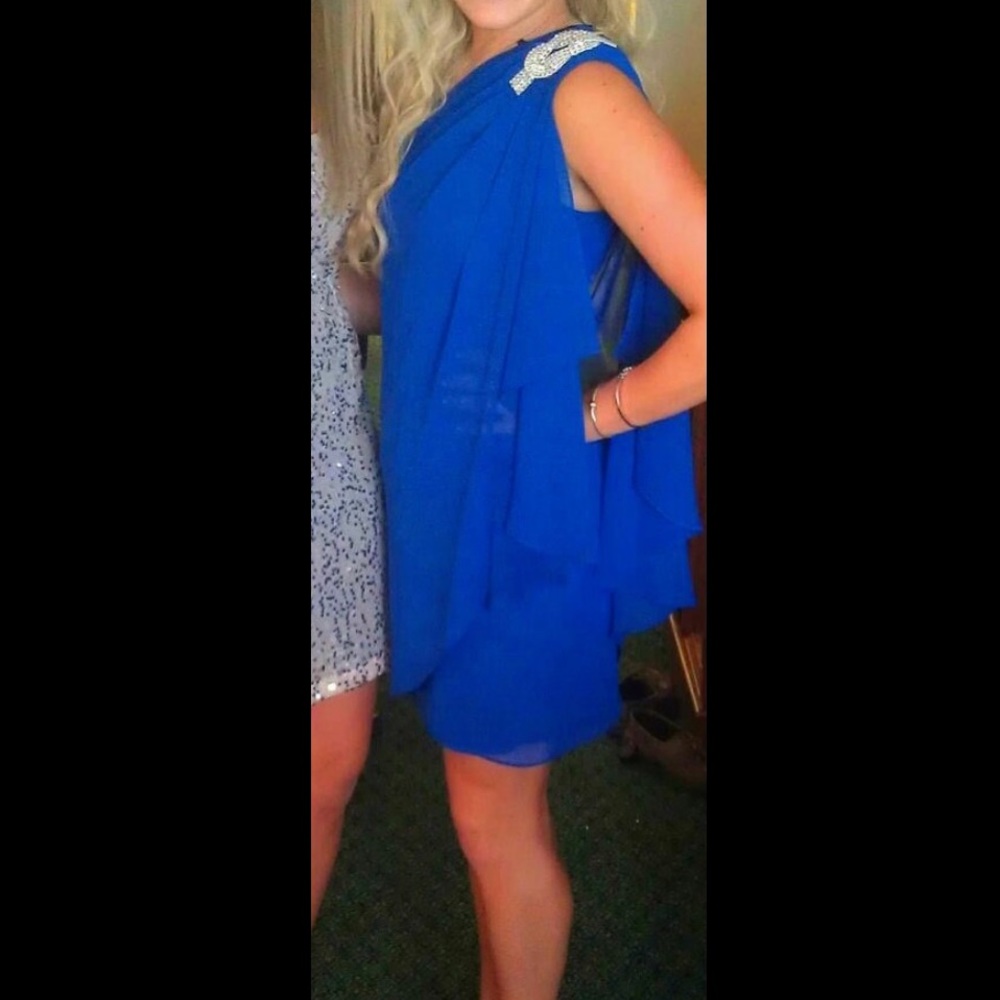 Cache Formal Dress Above Knee Royal Blue One Shoulder